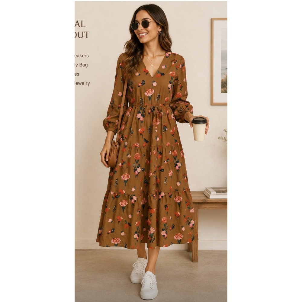 Pearl by Lela Rose Brown Floral Embroidered Tiered Midi Dress V-Neck Size 6